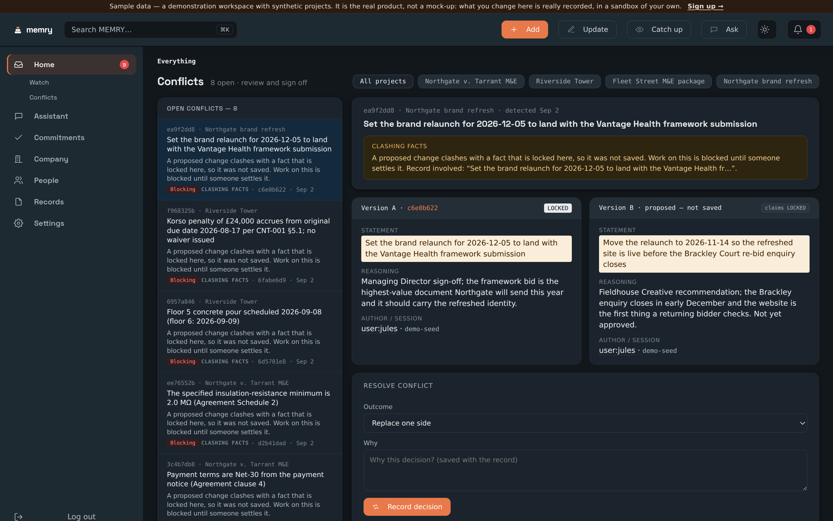 Two versions of the same fact shown side by side in Memry: the locked version that stands, next to a proposed version that was not saved because it clashes with it. Each carries its own reasoning and author, and a form below records which one settles it.