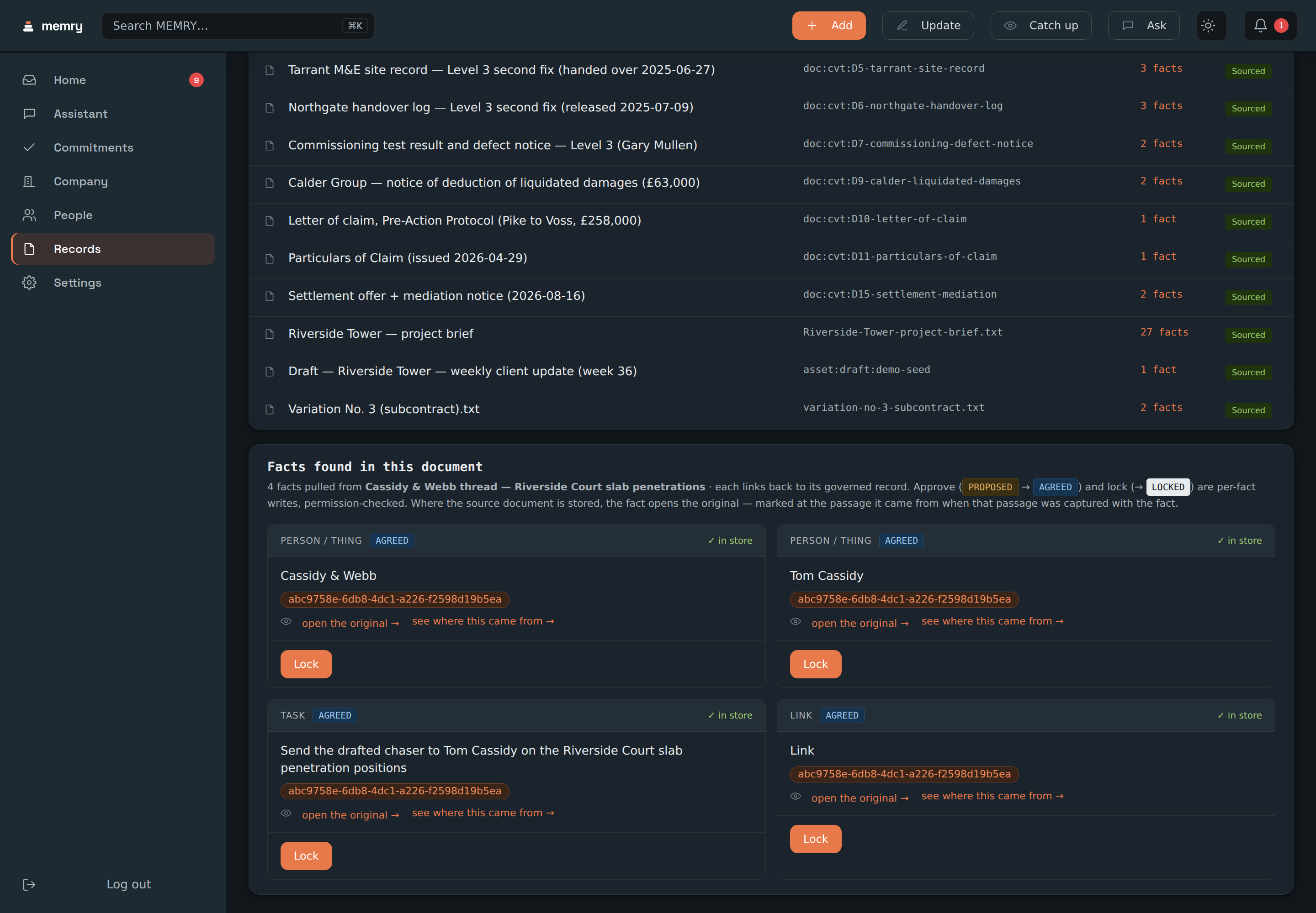 Memry's documents screen: a panel headed Facts found in this document, listing four facts read out of one message thread, each showing how settled it is, a link to open the exact source passage it came from, and a control to lock it.