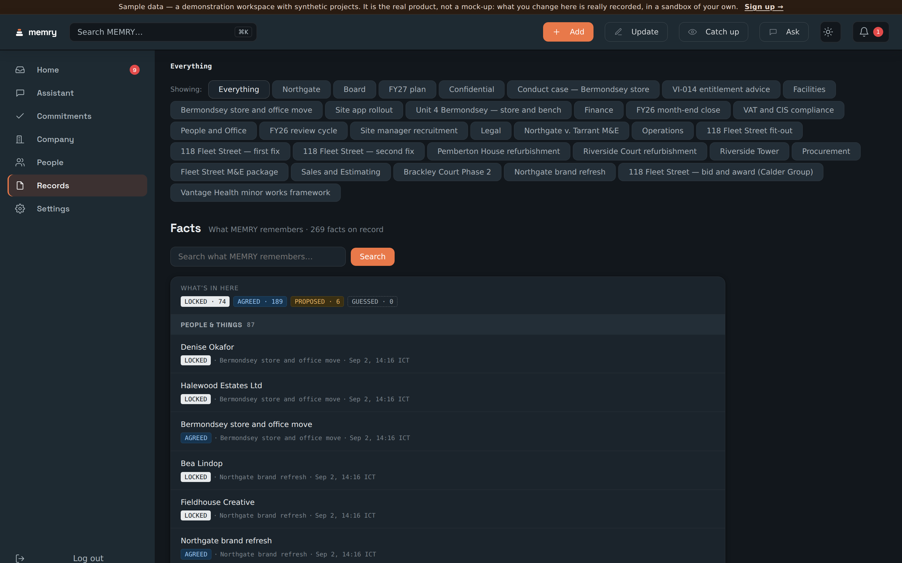 Memry's Facts screen showing 272 facts on record for the demo company, split by how settled each one is — 83 locked, 183 agreed, 6 proposed, none guessed — over a list where every row carries the project and date it came from.
