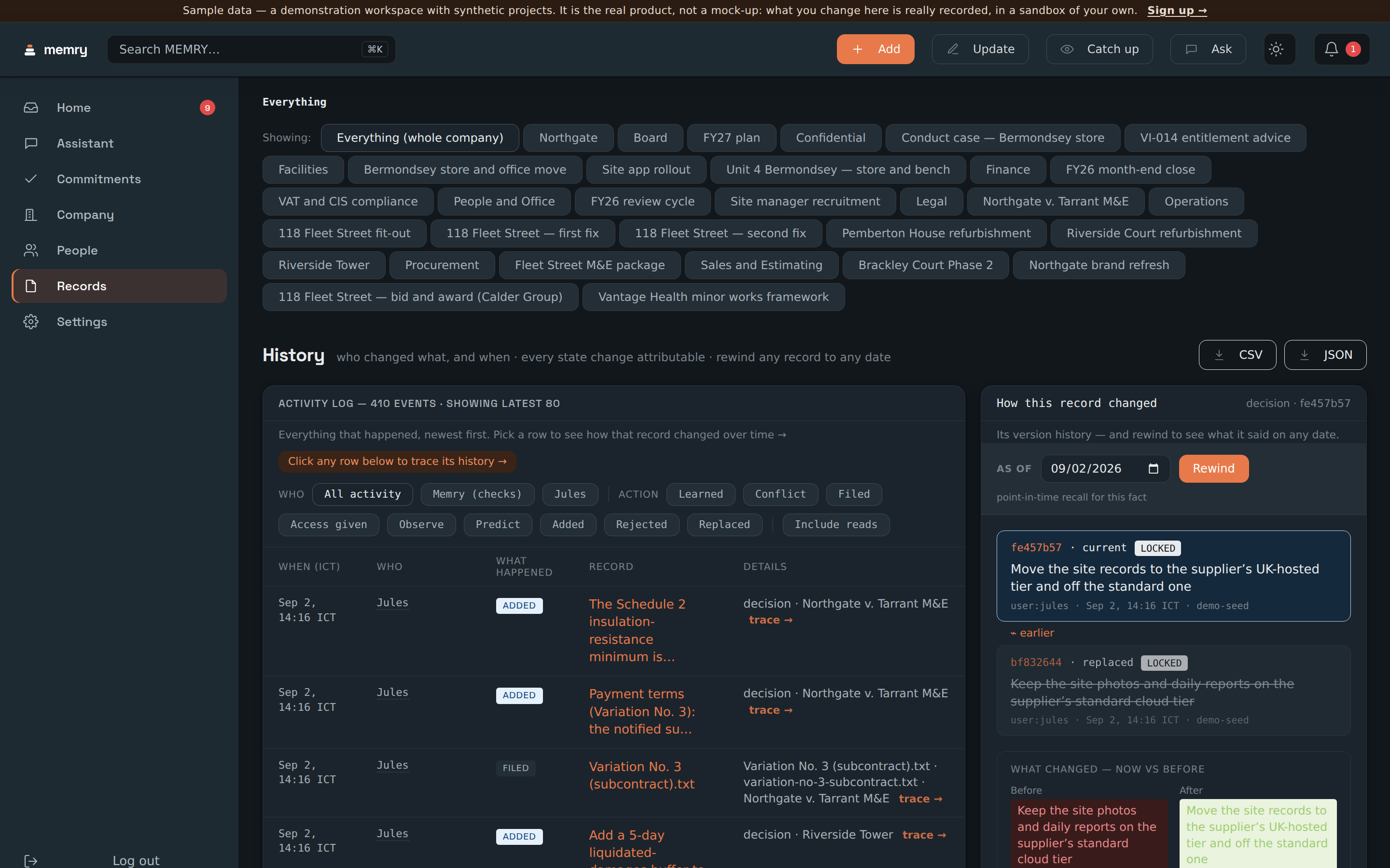 Memry's History screen showing a filterable log of who changed what and when, with CSV and JSON download buttons, beside a panel that rewinds a single record to a chosen date and shows the text before and after the change.