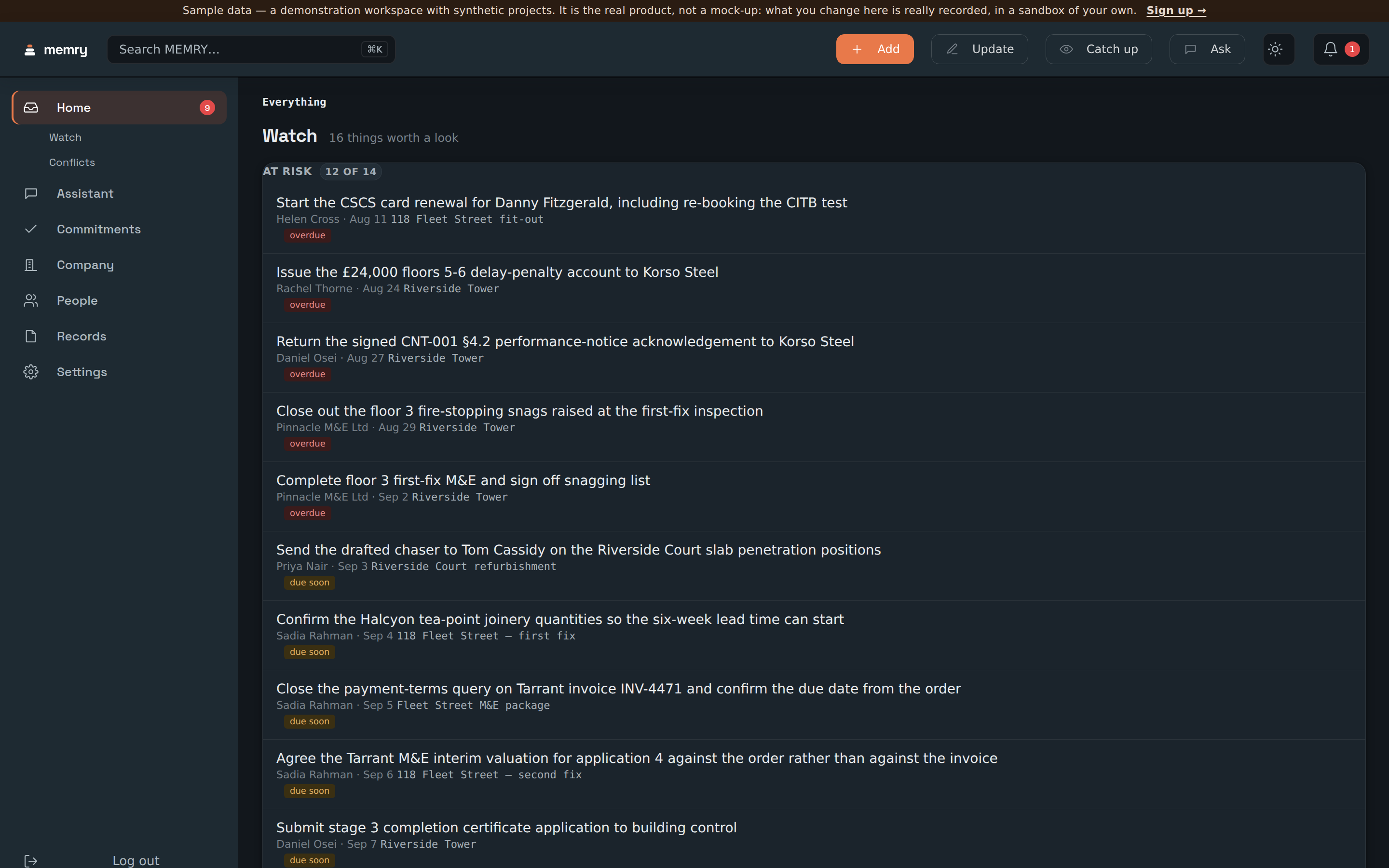Memry's watch list for the demo company, ranking overdue work with the firm or person who owes it and the date it was due, and marking one supplier as risky and another owner as sixty-eight per cent reliable.